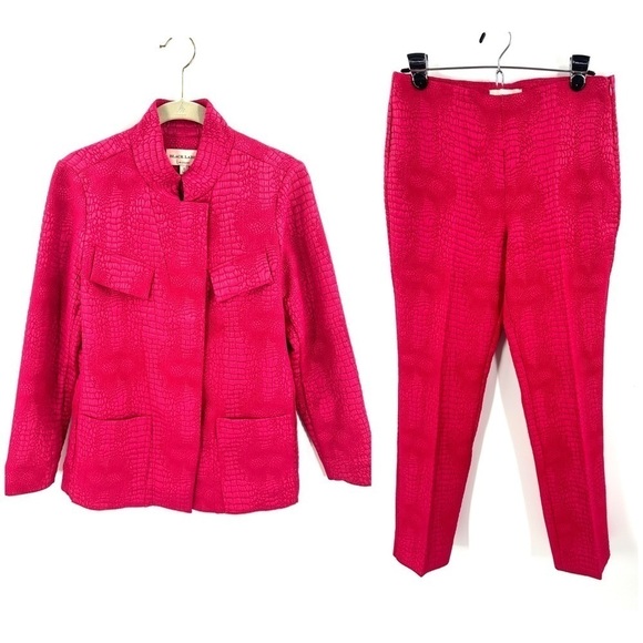 Chicos Black Label 2pc Pants Suit Croco Cargo Jacket Easy Pants Hot Pink Sz 2/6 - Picture 1 of 16